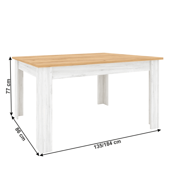Masă dining extensibilă, stejar craft auriu / stejar craft alb, 135-184x86 cm, SUDBURY