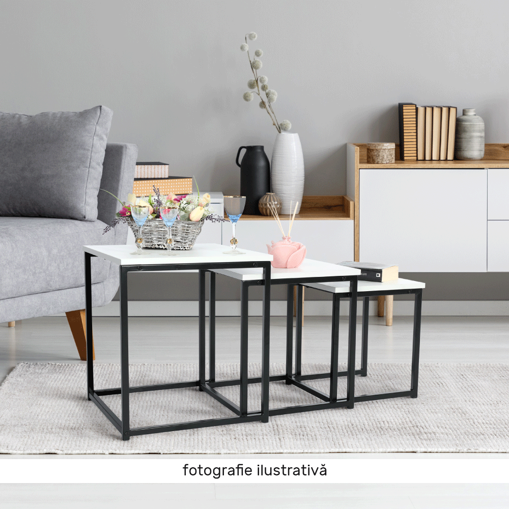 Set 3 măsuţe de cafea, alb mat/negru, KASTLER NEW TYP 3 - imagine 2