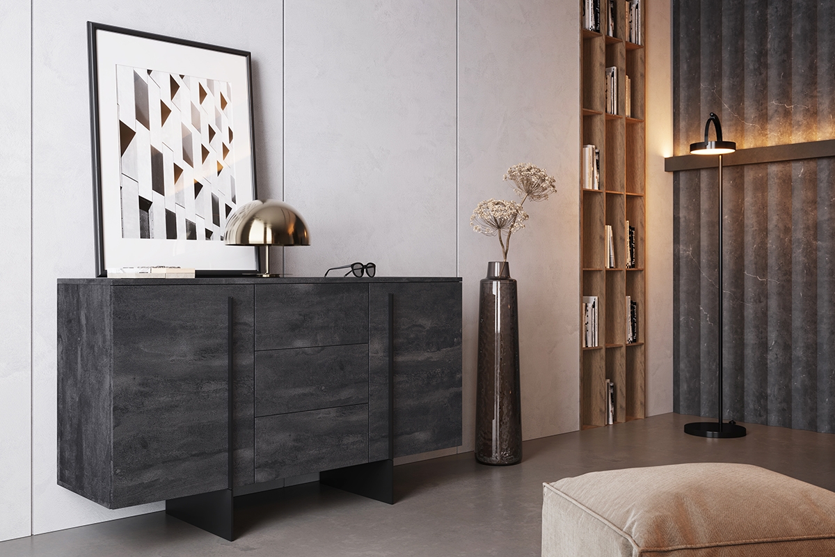 Comodă Larena 150 cm cu trei sertare - cărbune / picioare negre - imagine 2