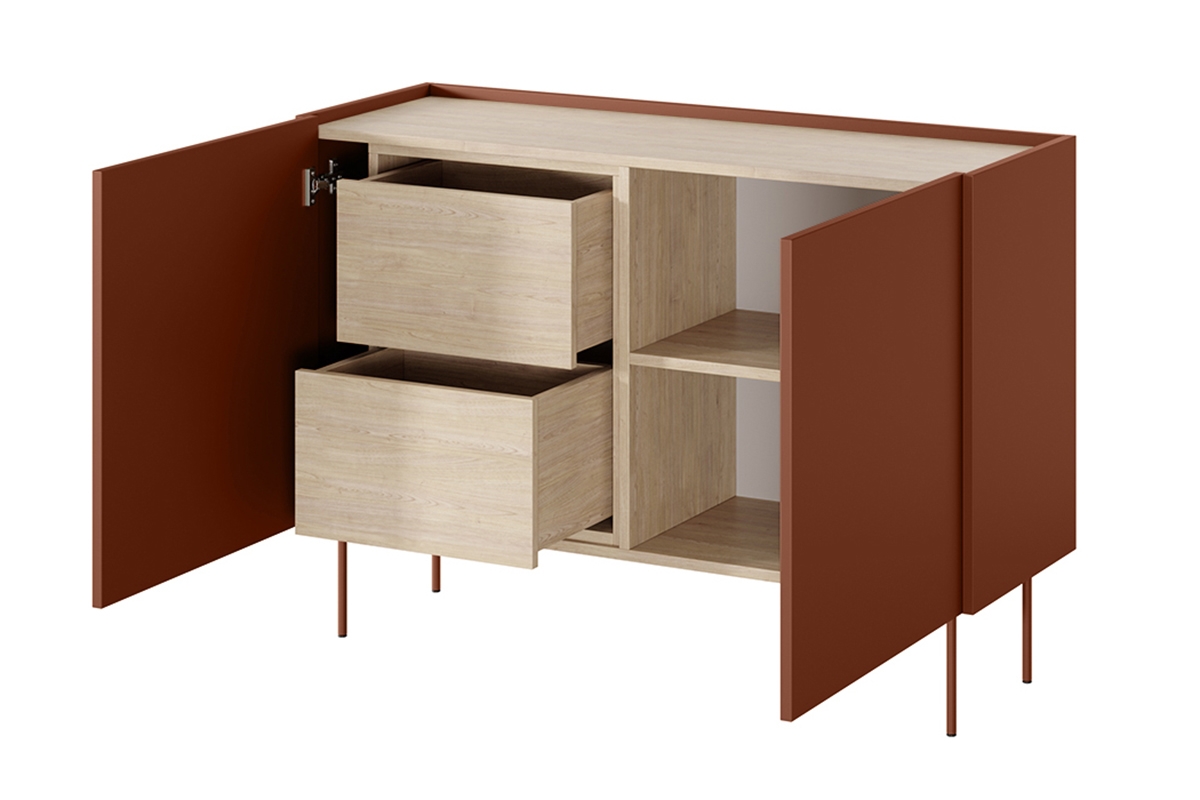 Comodă cu două sertare Desin 120 2U2S - ceramică roșie / Stejar nagano - imagine 2