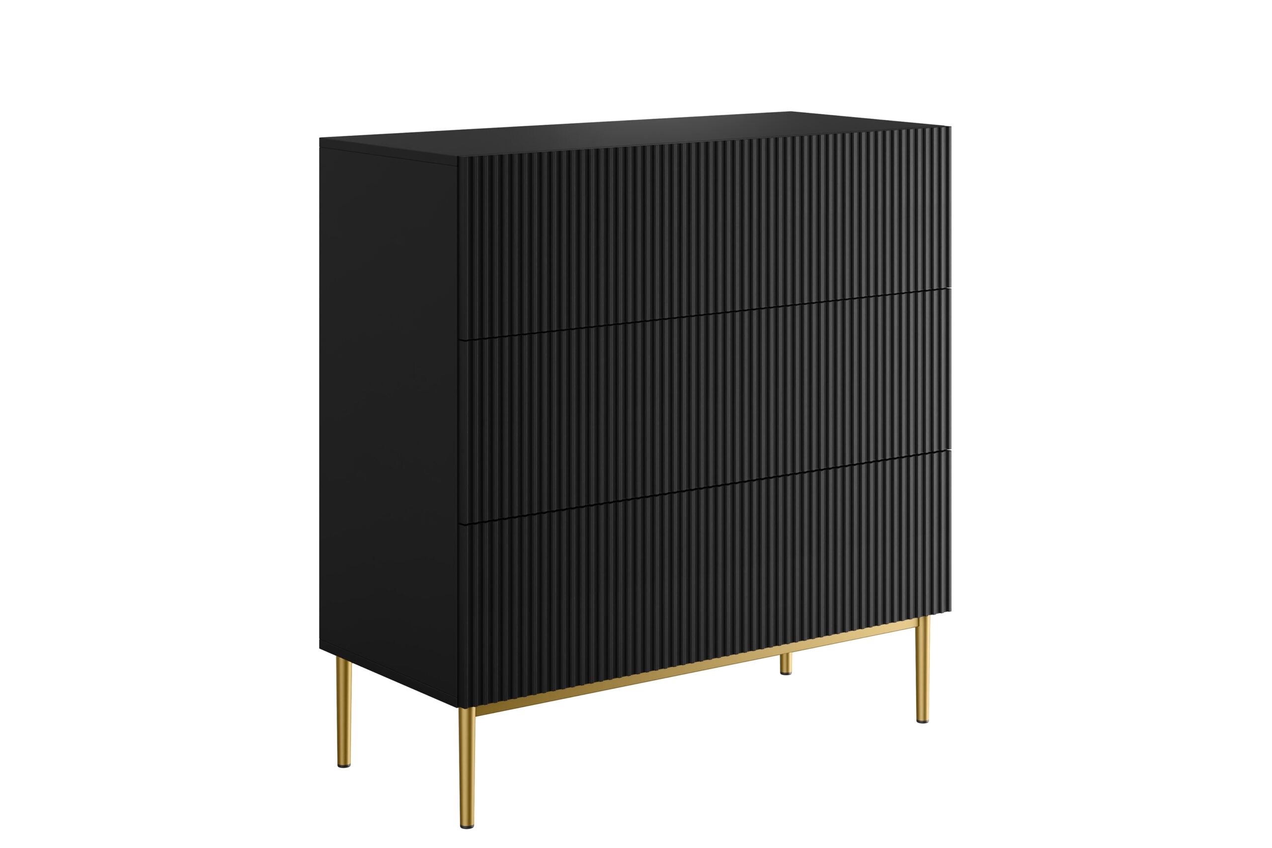 Comoda Nicole 100 cm cu trei sertare cu picioare metalice - negru mat / picioare aurii
