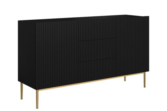 Comodă Nicole 150 cm cu trei sertare - negru mat / picioare aurii