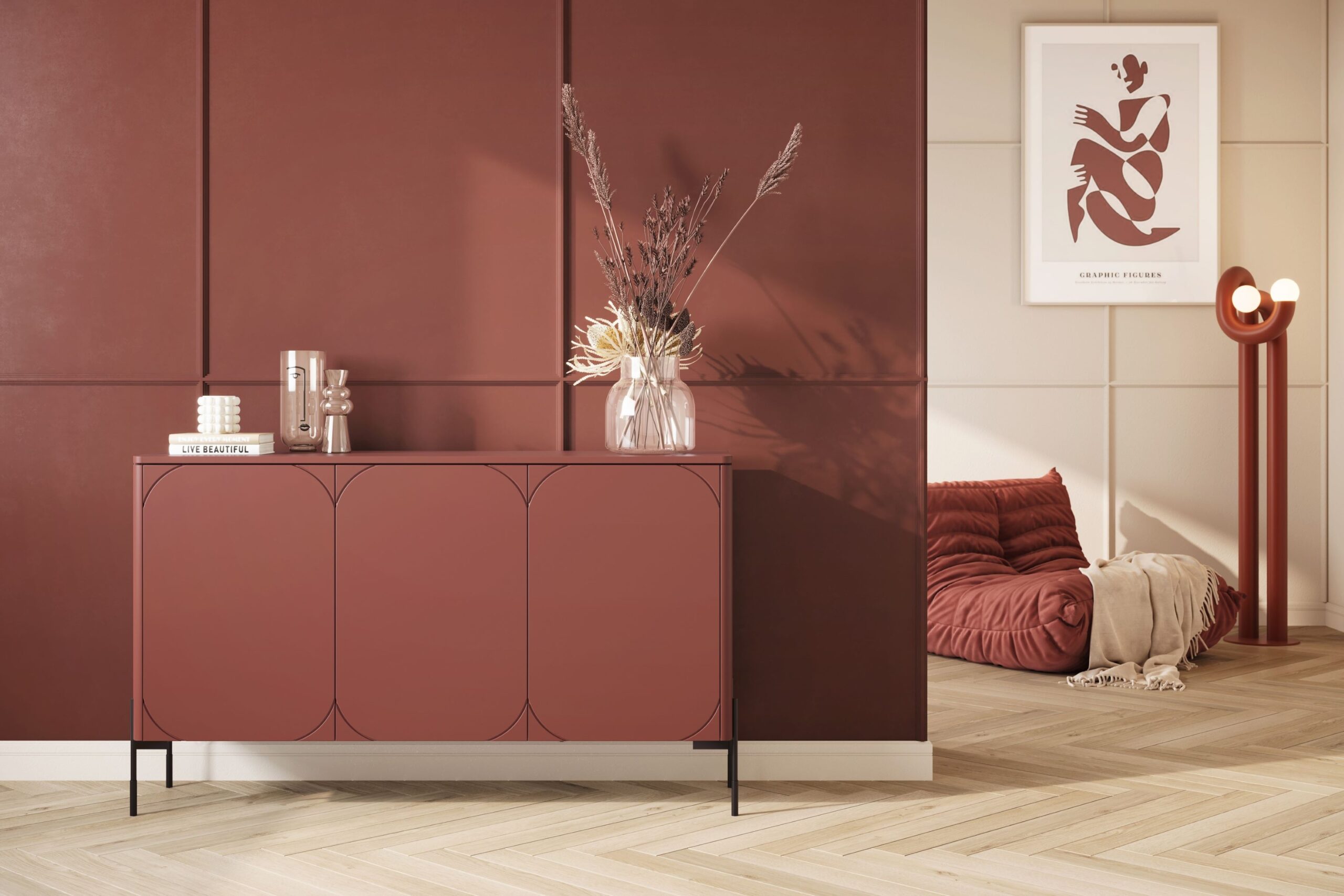 Comoda cu trei uși și 4 sertare ascunse Sonatia 150 cm - burgundy - imagine 5
