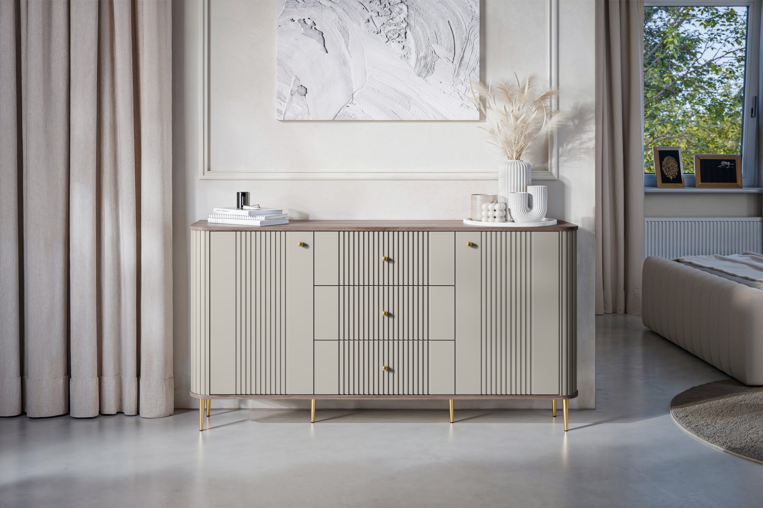 Comoda cu sertare Versper 160 cm - cașmir / nuc / auriu Picioare - imagine 6