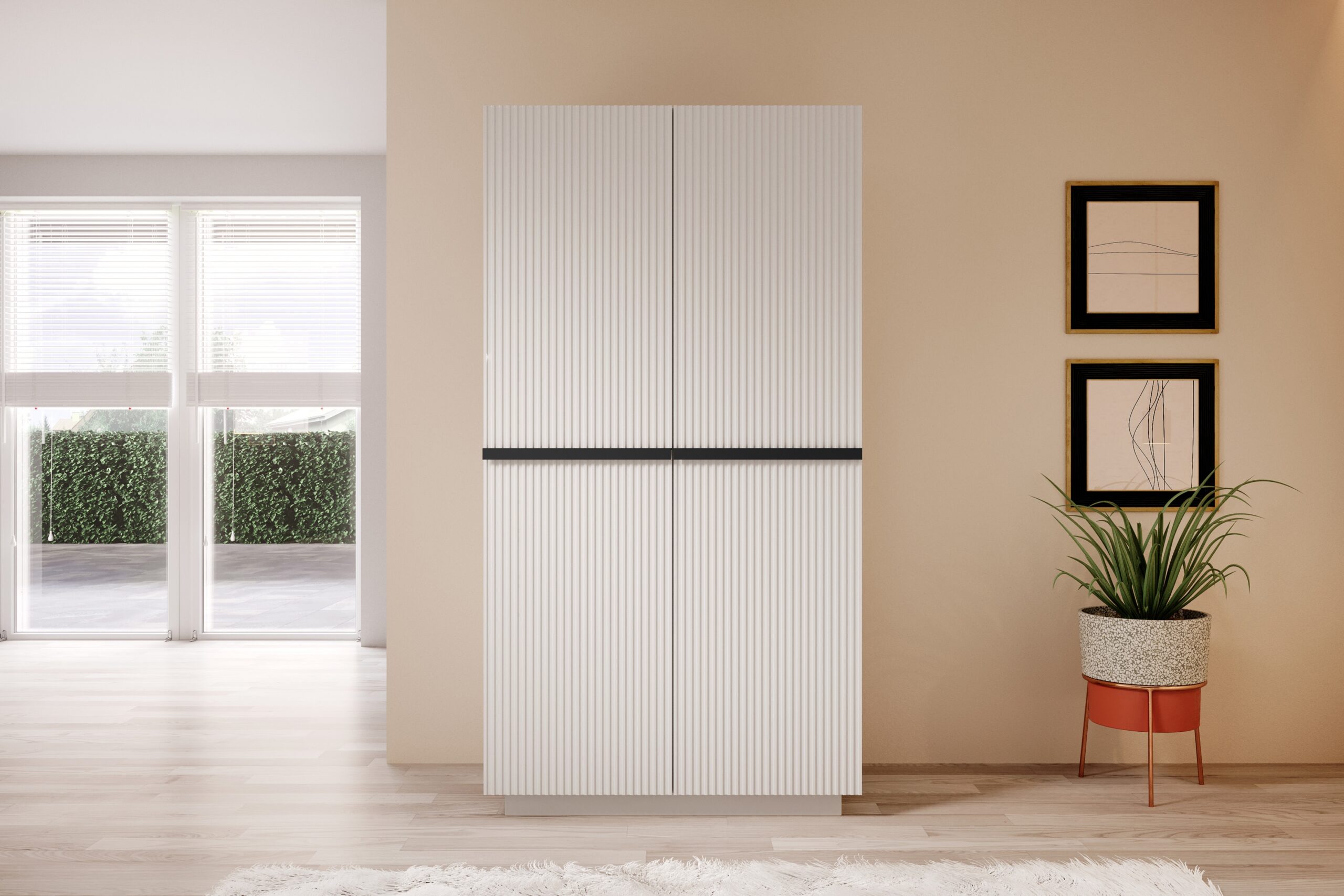 Dulap Nicole cu două uși cu sertar ascuns și mânere metalice 100 cm - alb mat / negru mânere - imagine 4