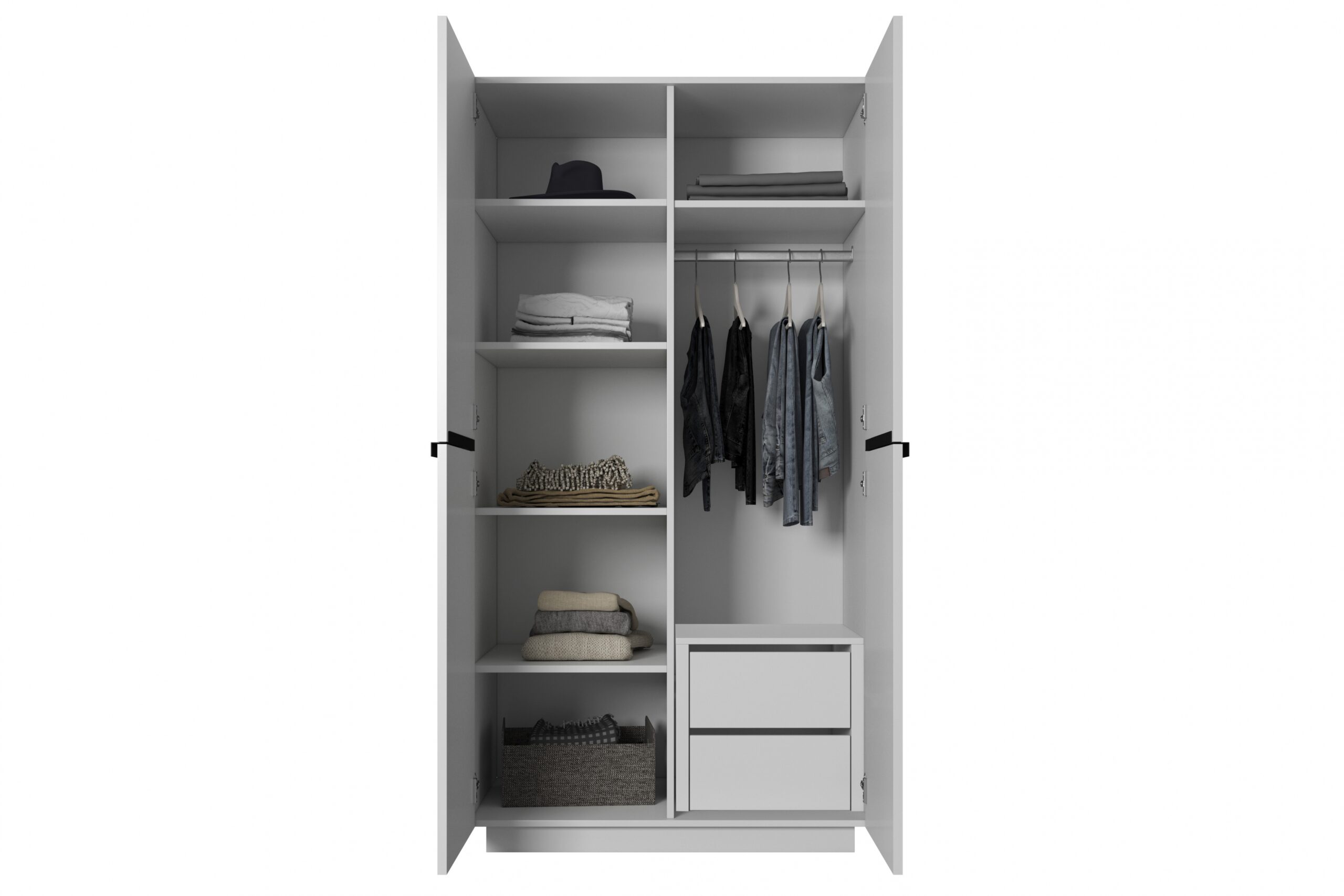 Dulap Nicole cu două uși cu sertar ascuns și mânere metalice 100 cm - alb mat / negru mânere - imagine 6
