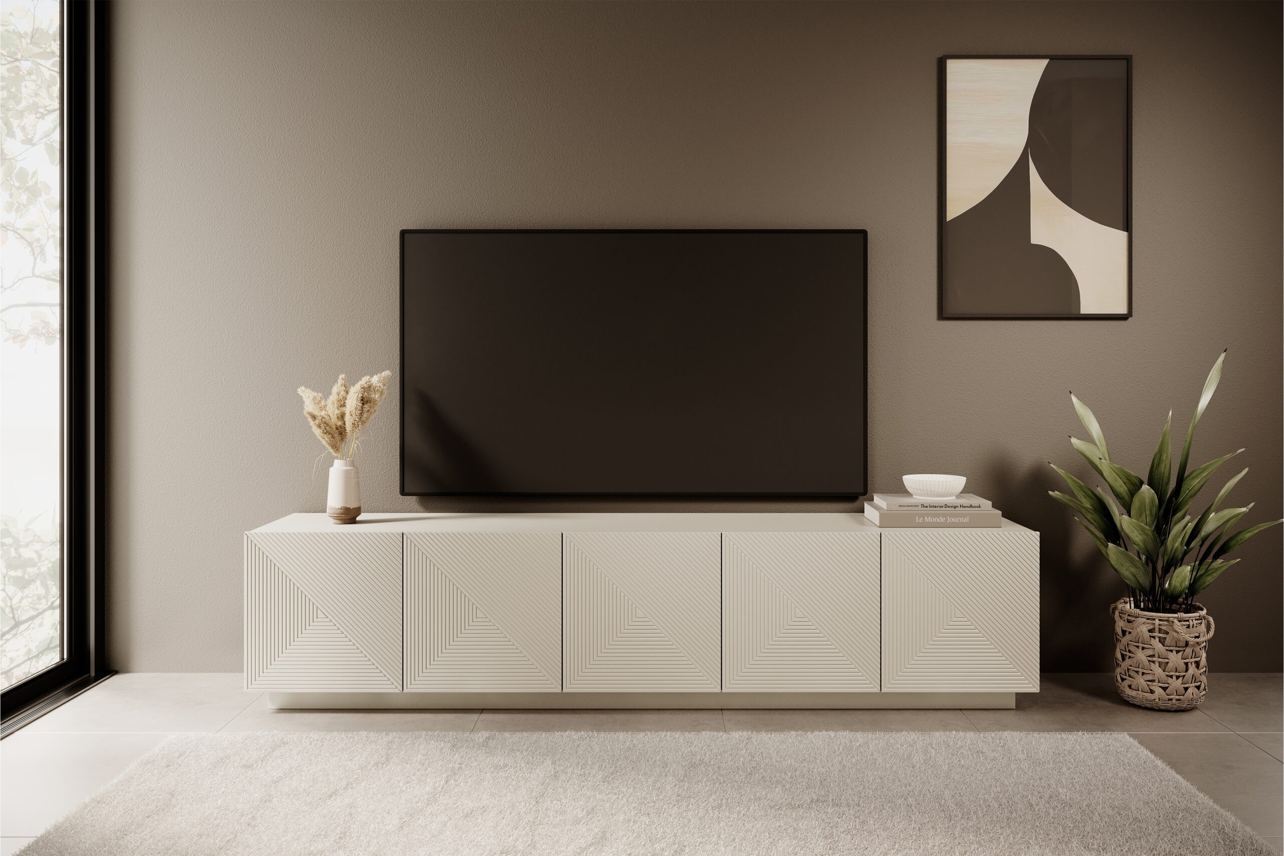 Comodă TV Asha 200 cm cinci uși cu față canelată - cașmir - imagine 2