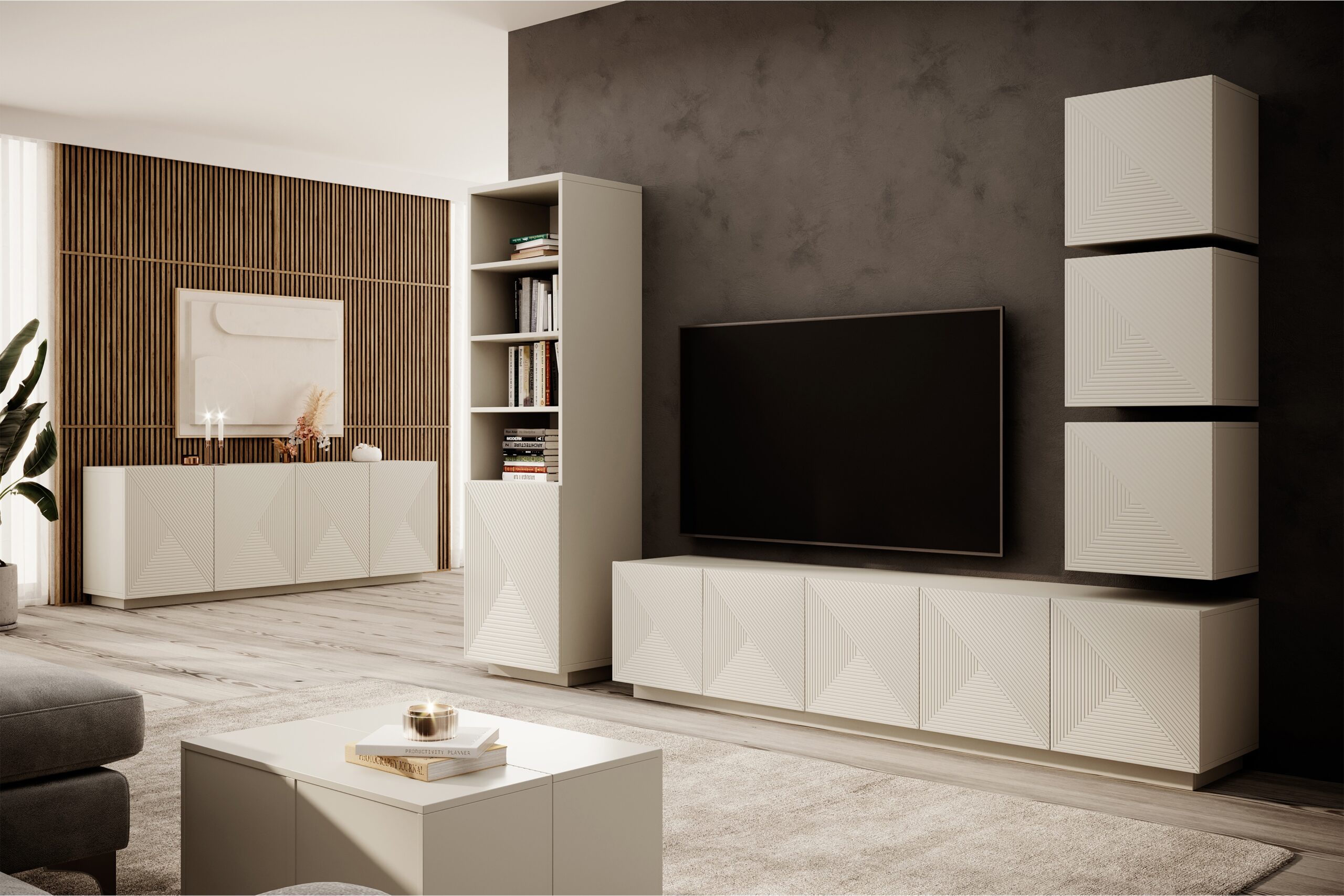 Comodă TV Asha 200 cm cinci uși cu față canelată - cașmir - imagine 3