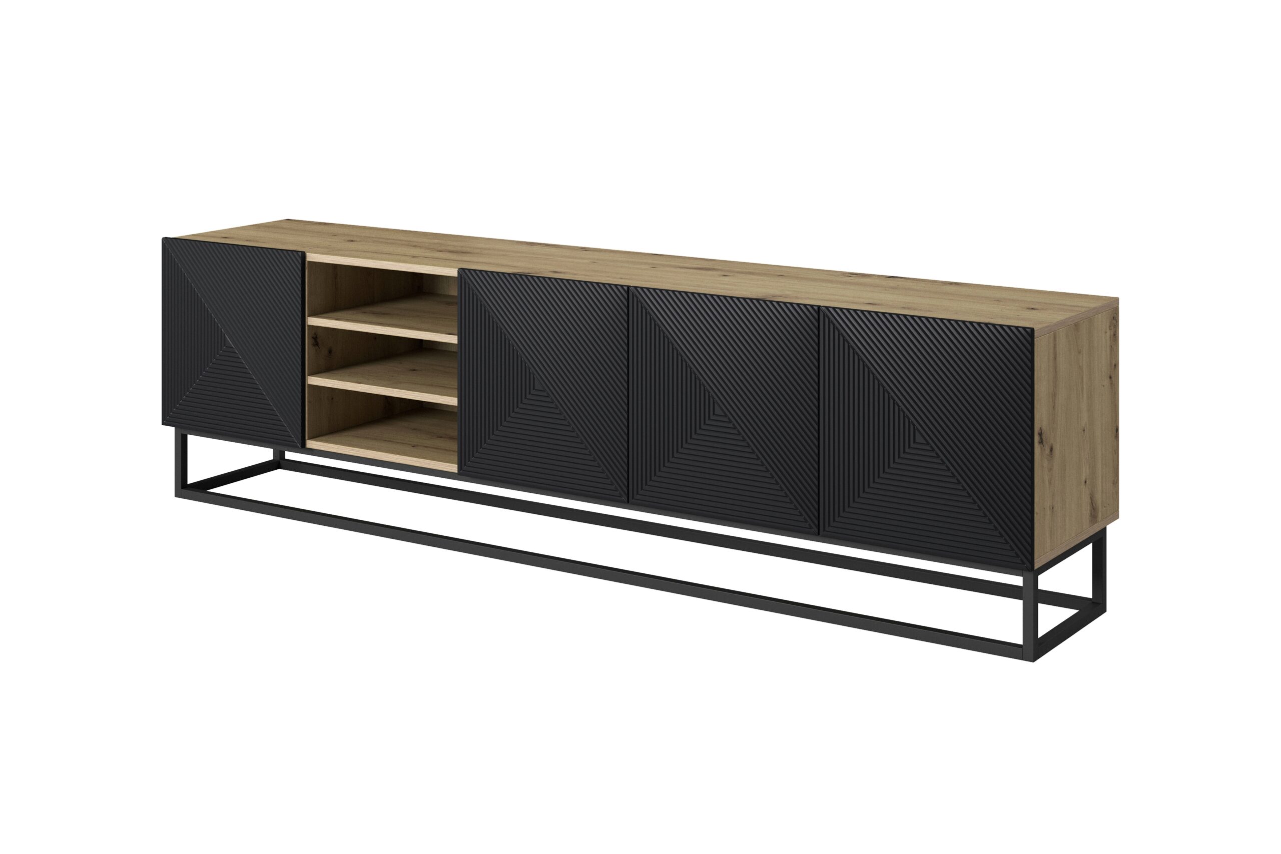 Comodă TV Asha 200 cm cu nișă pe bază de metal - artizanal / negru mat