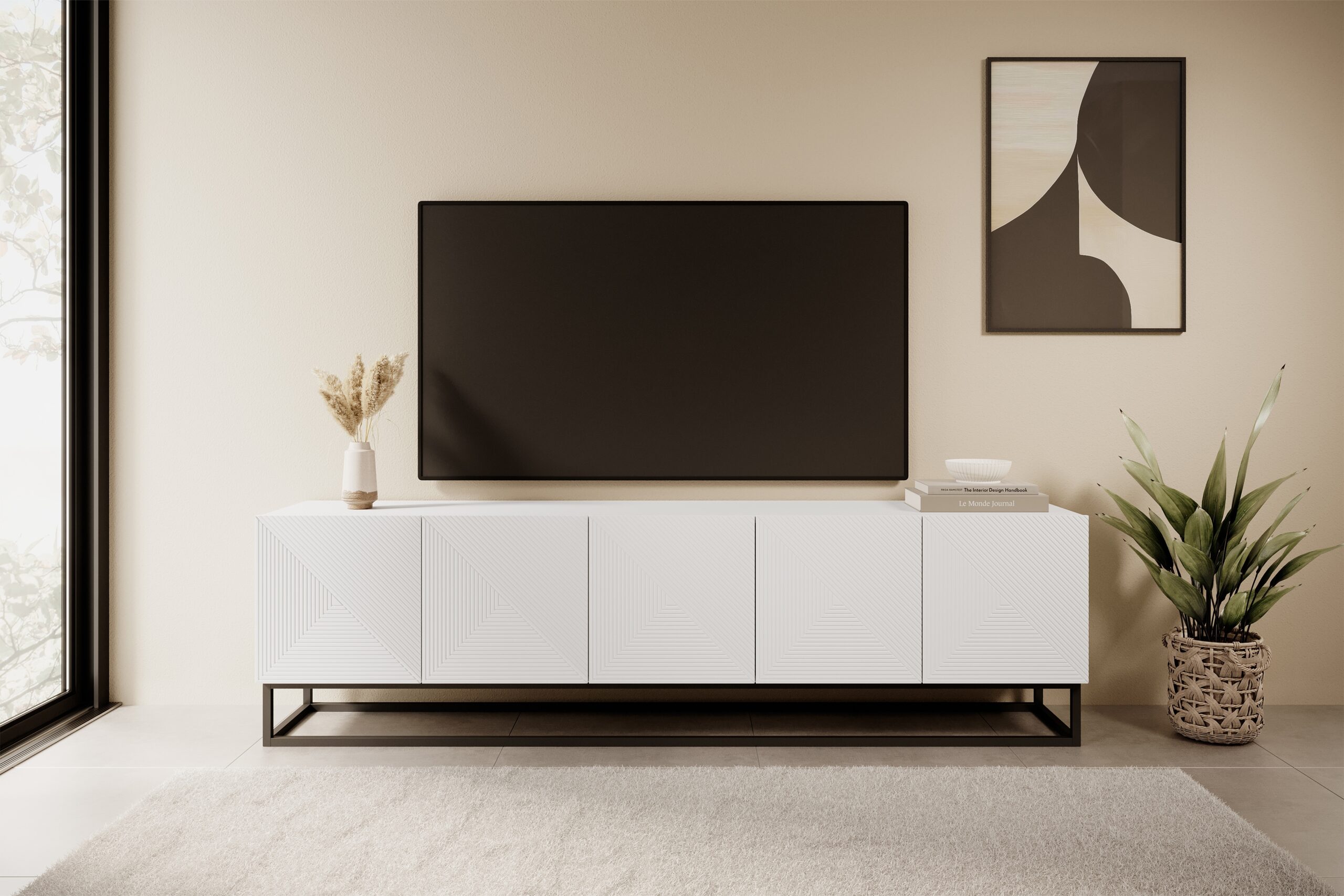Comodă TV Asha 200 cm pe bază de metal - alb mat - imagine 2