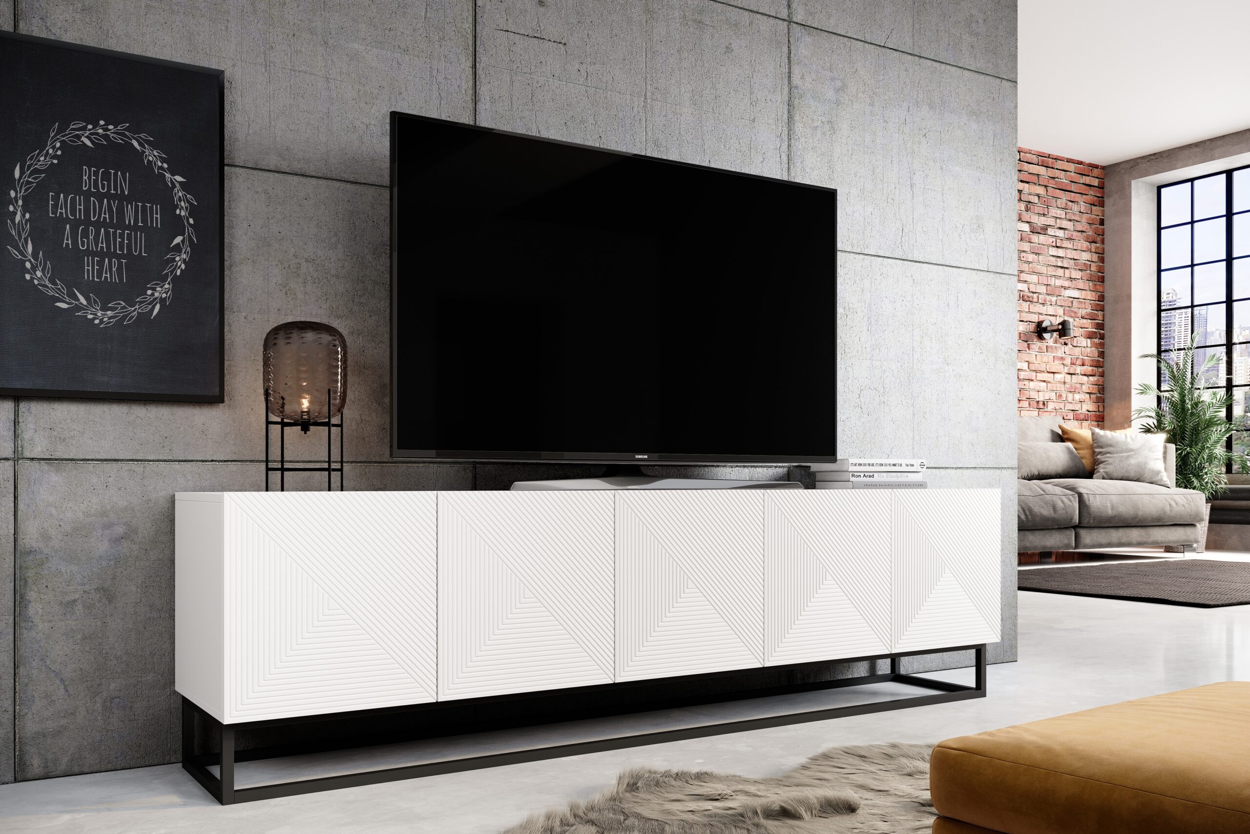 Comodă TV Asha 200 cm pe bază de metal - alb mat - imagine 3