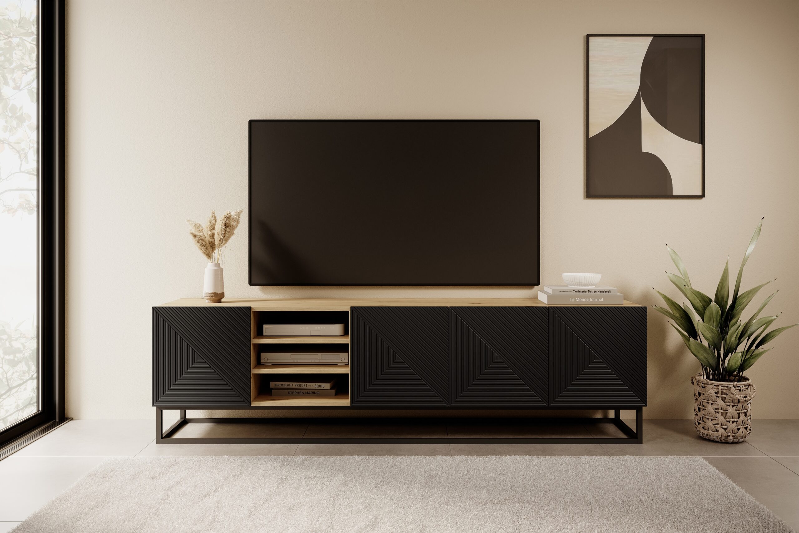 Comodă TV Asha 200 cm cu nișă pe bază de metal - artizanal / negru mat - imagine 3
