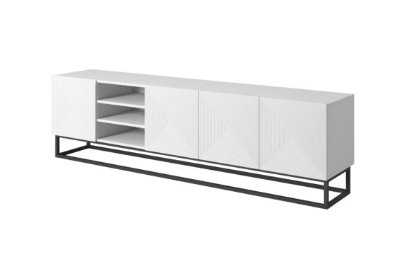 Comodă TV Asha 200 cm cu nișă pe bază metalică - alb mat