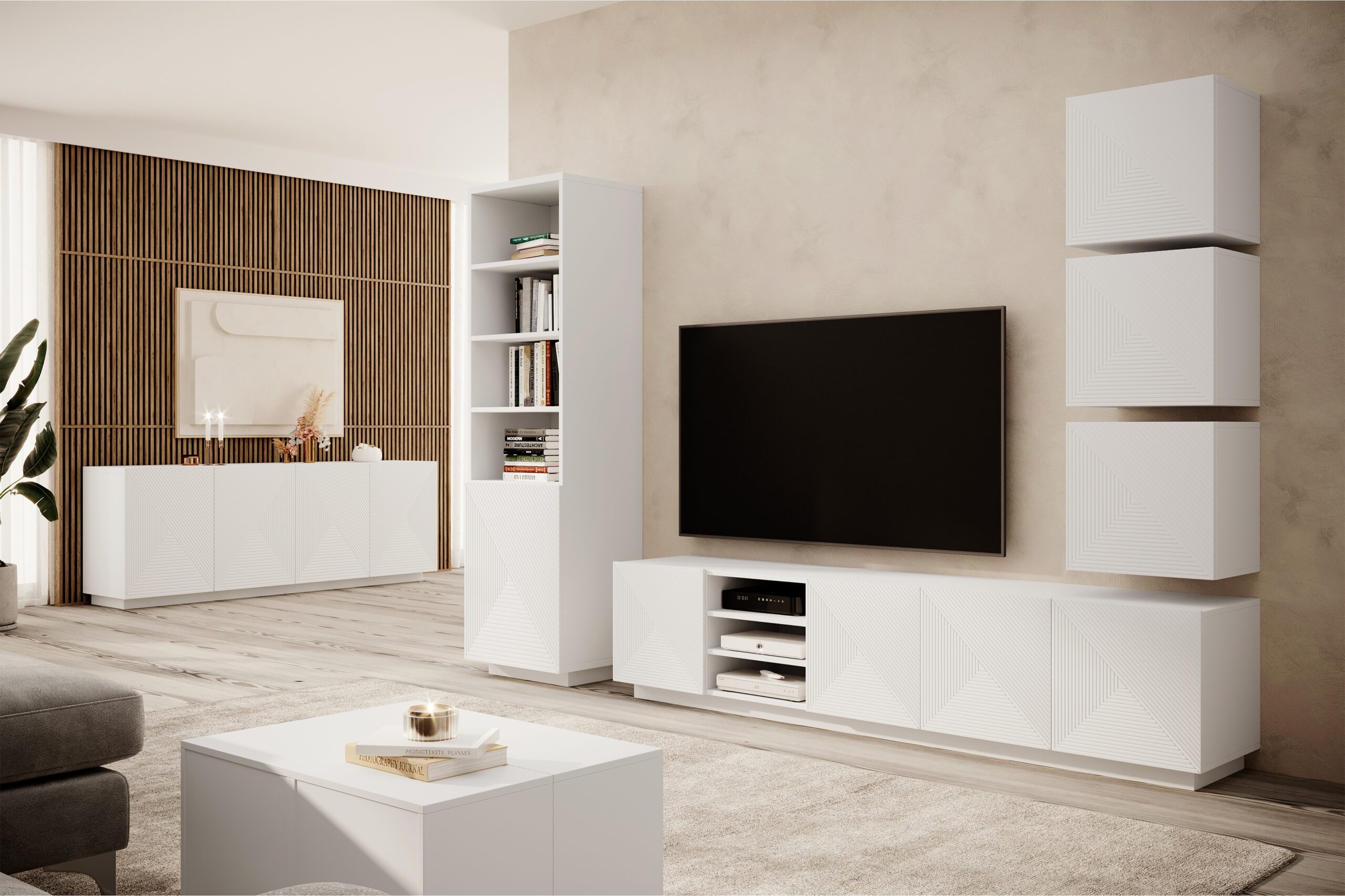 Comodă TV Asha 200 cm cu nișă - alb mat - imagine 4