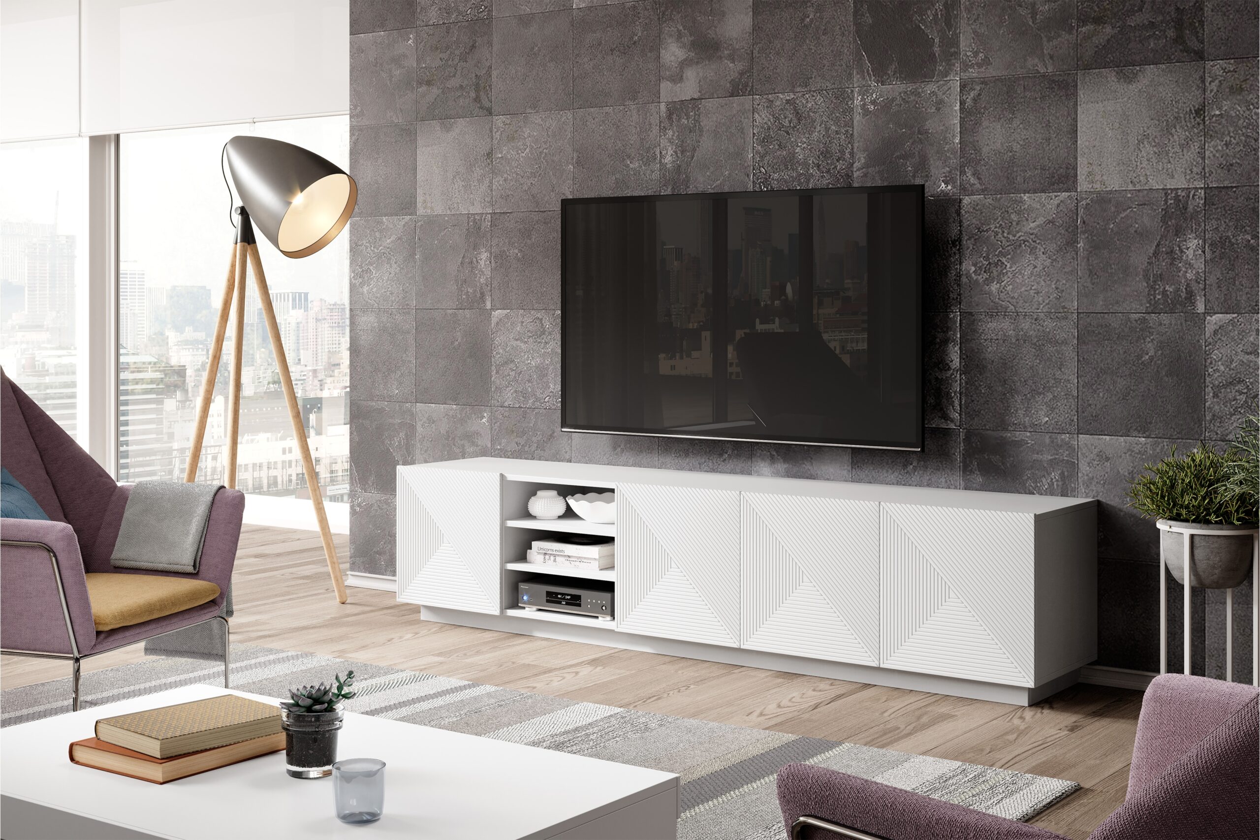 Comodă TV Asha 200 cm cu nișă - alb mat - imagine 5