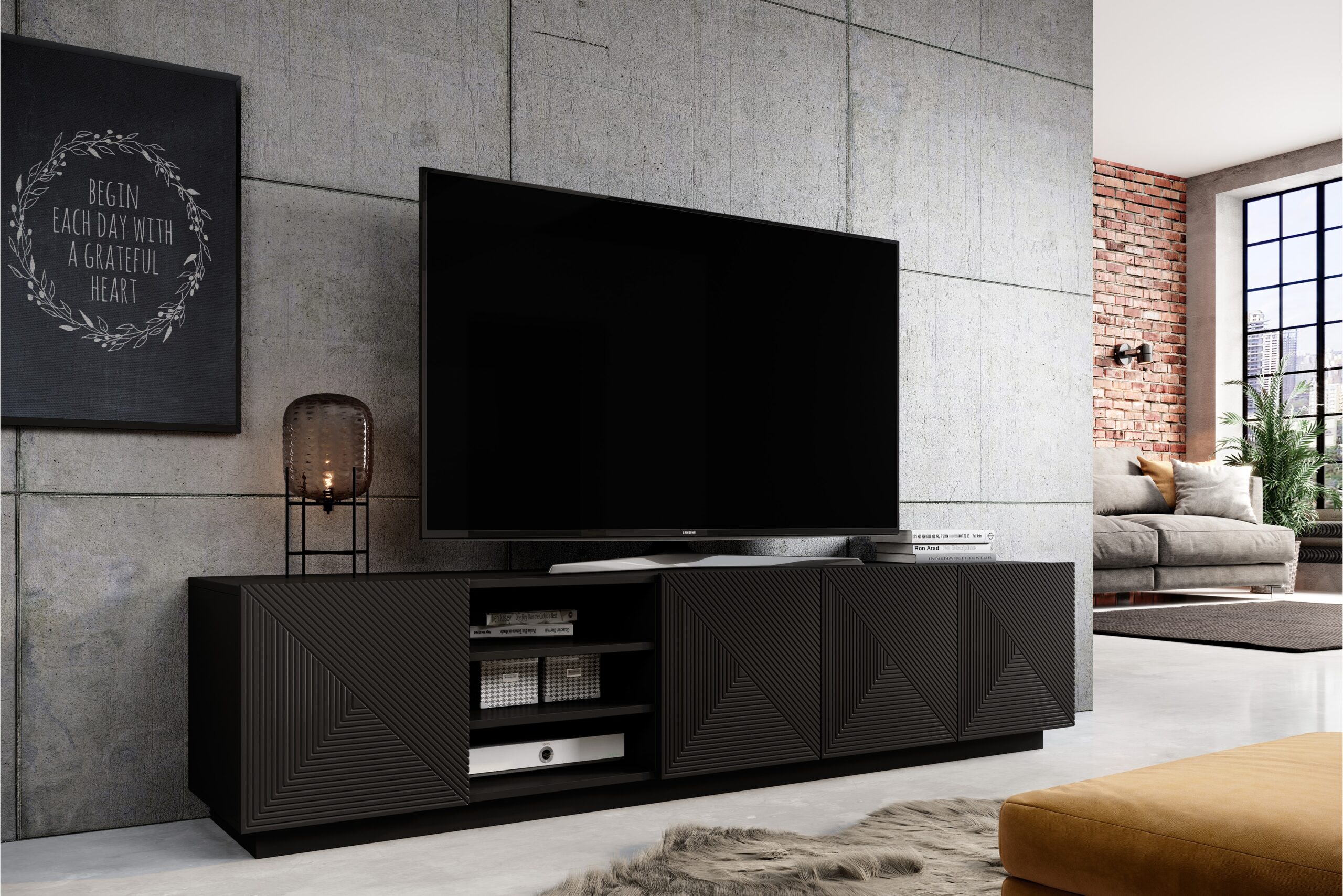 Comodă TV Asha 200 cm cu nișă - negru mat - imagine 8