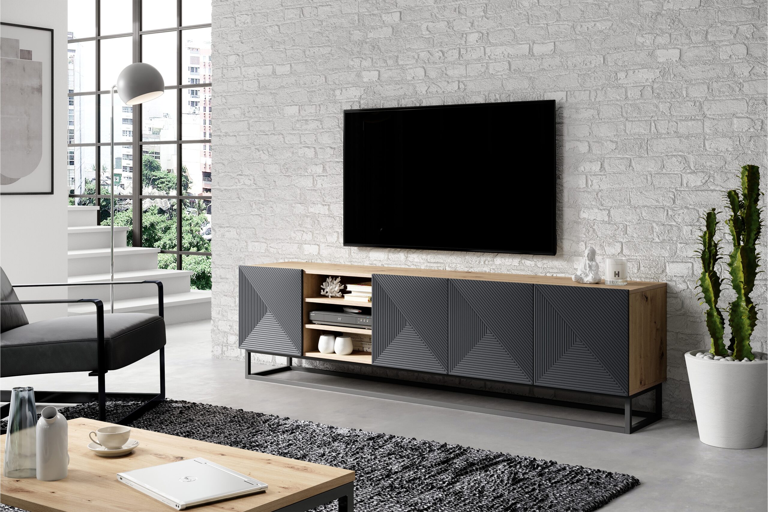 Comodă TV Asha 200 cm cu nișă pe bază de metal - artizanal / rivier stone mat - imagine 7