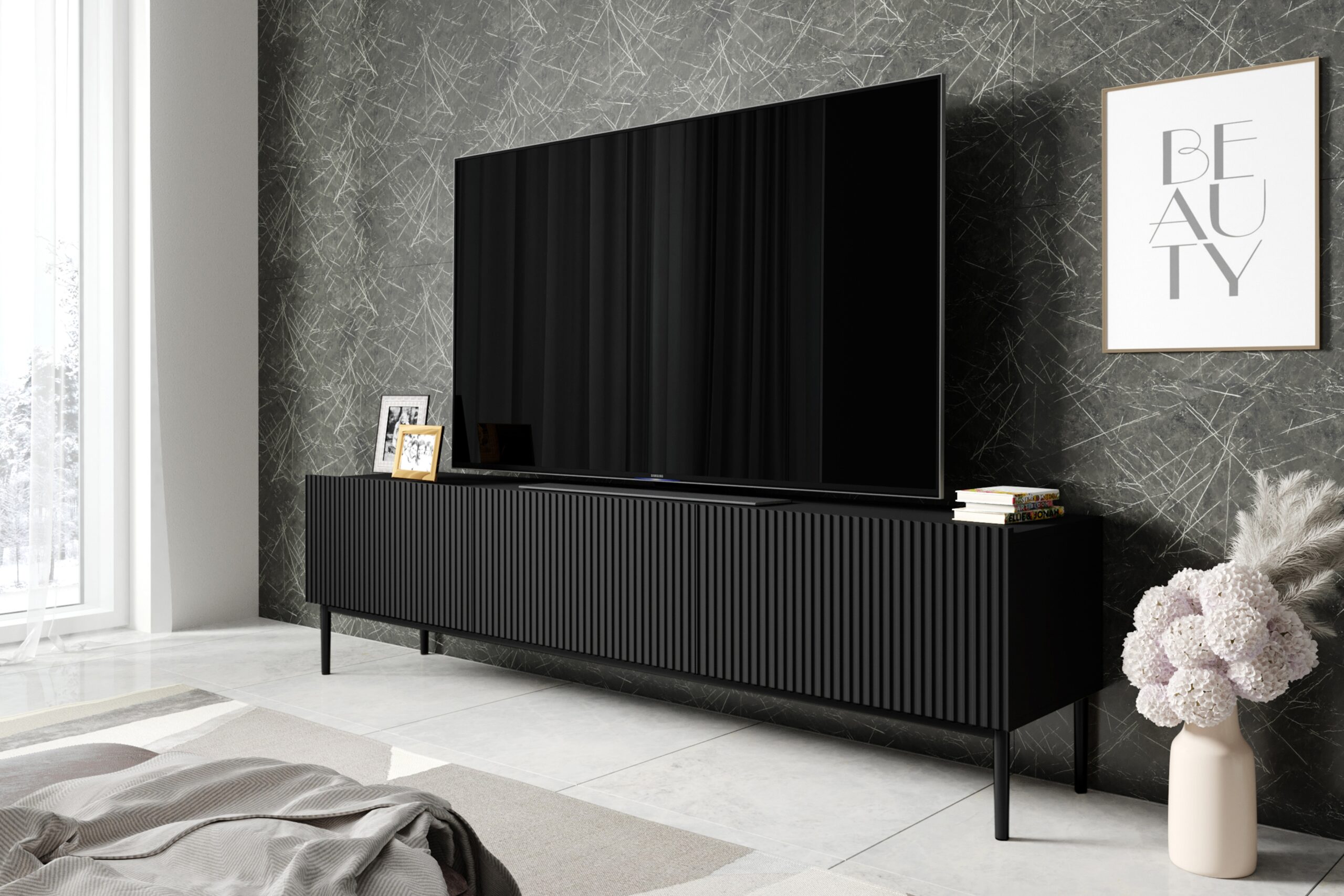 Comodă TV Nicole 200 cm - negru mat / picioare negre - imagine 4