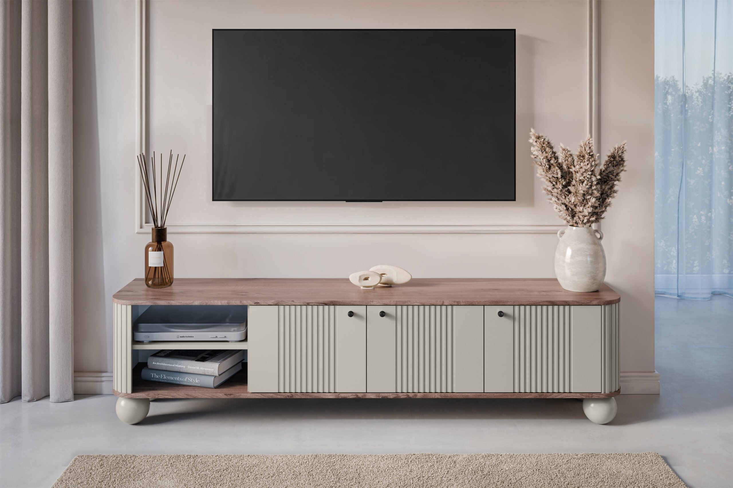 Dulap TV Vesper 3D 187 cm - cașmir / nuc / mânere negre / picioare rotunde - imagine 4