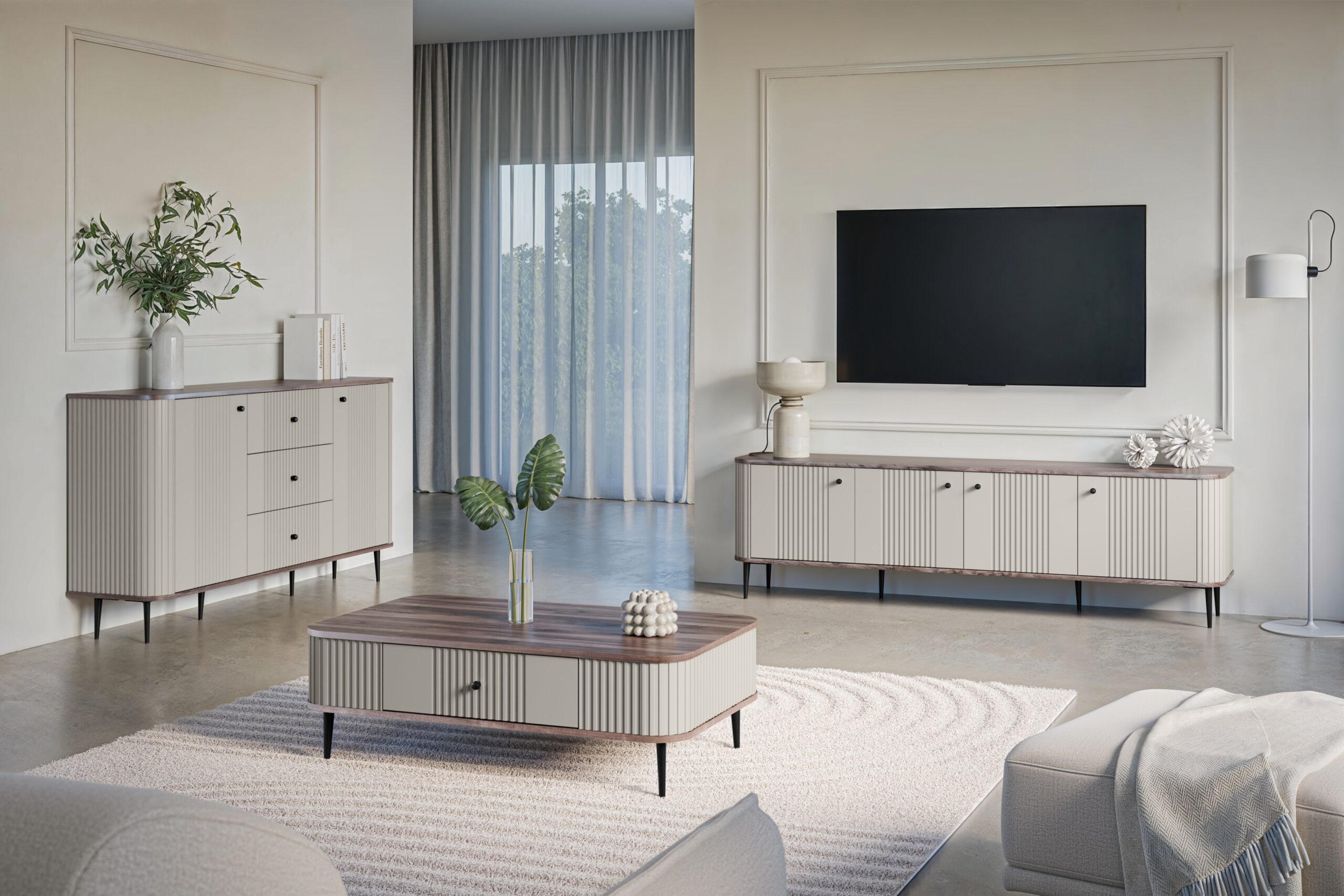 Dulap TV Vesper 4D 187 cm - cașmir / nuc / picioare negre - imagine 3