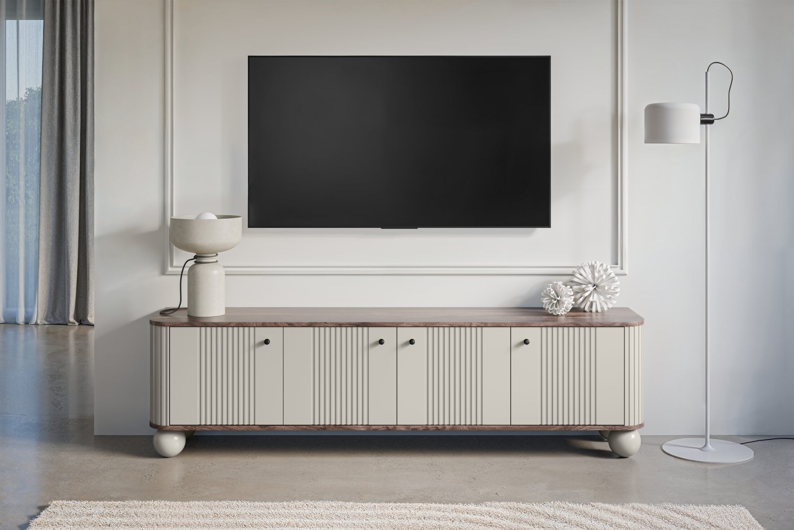 Dulap TV Vesper 4D 187 cm - cașmir / nuc / mânere negre / picioare rotunde - imagine 4