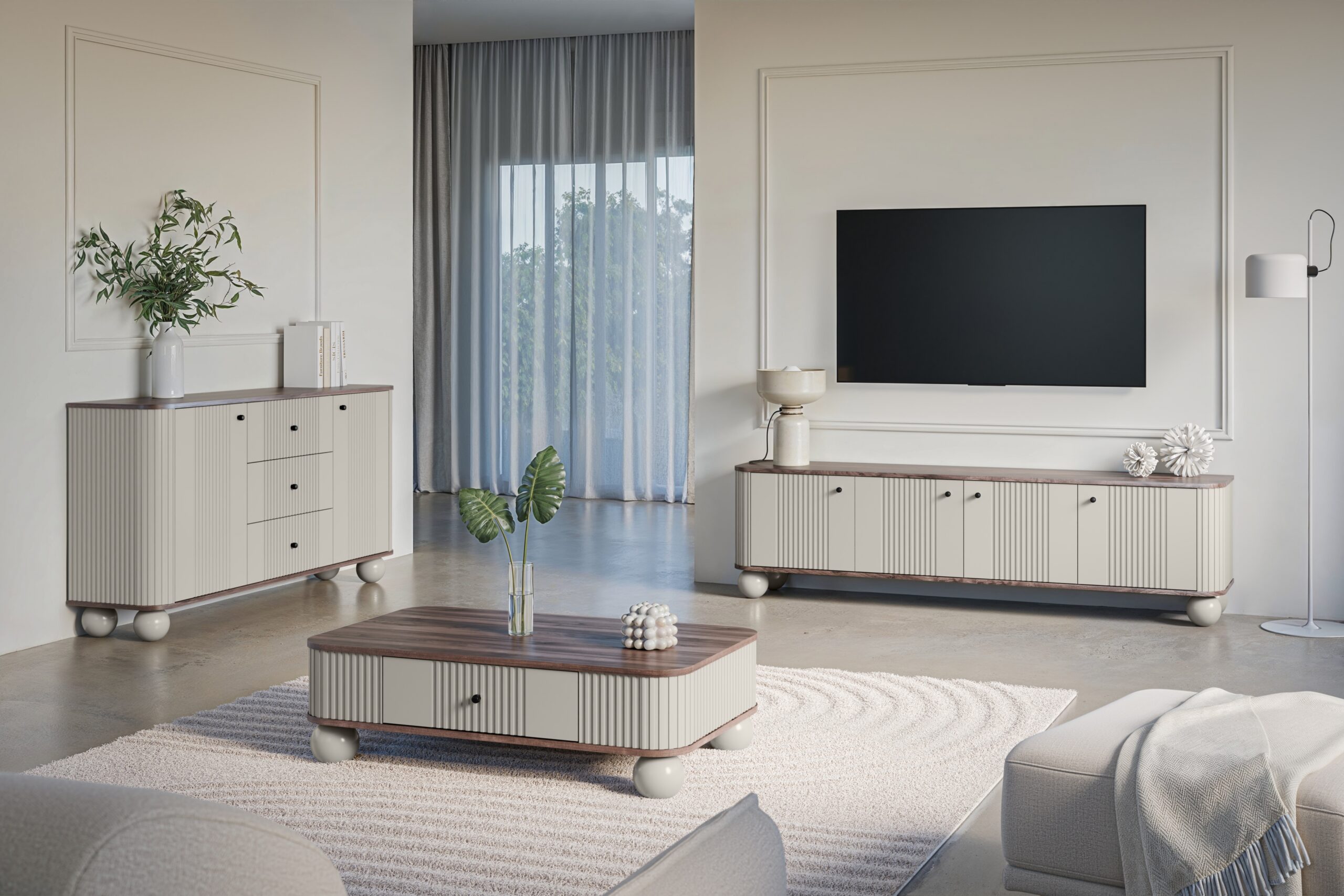 Dulap TV Vesper 4D 187 cm - cașmir / nuc / mânere negre / picioare rotunde - imagine 3