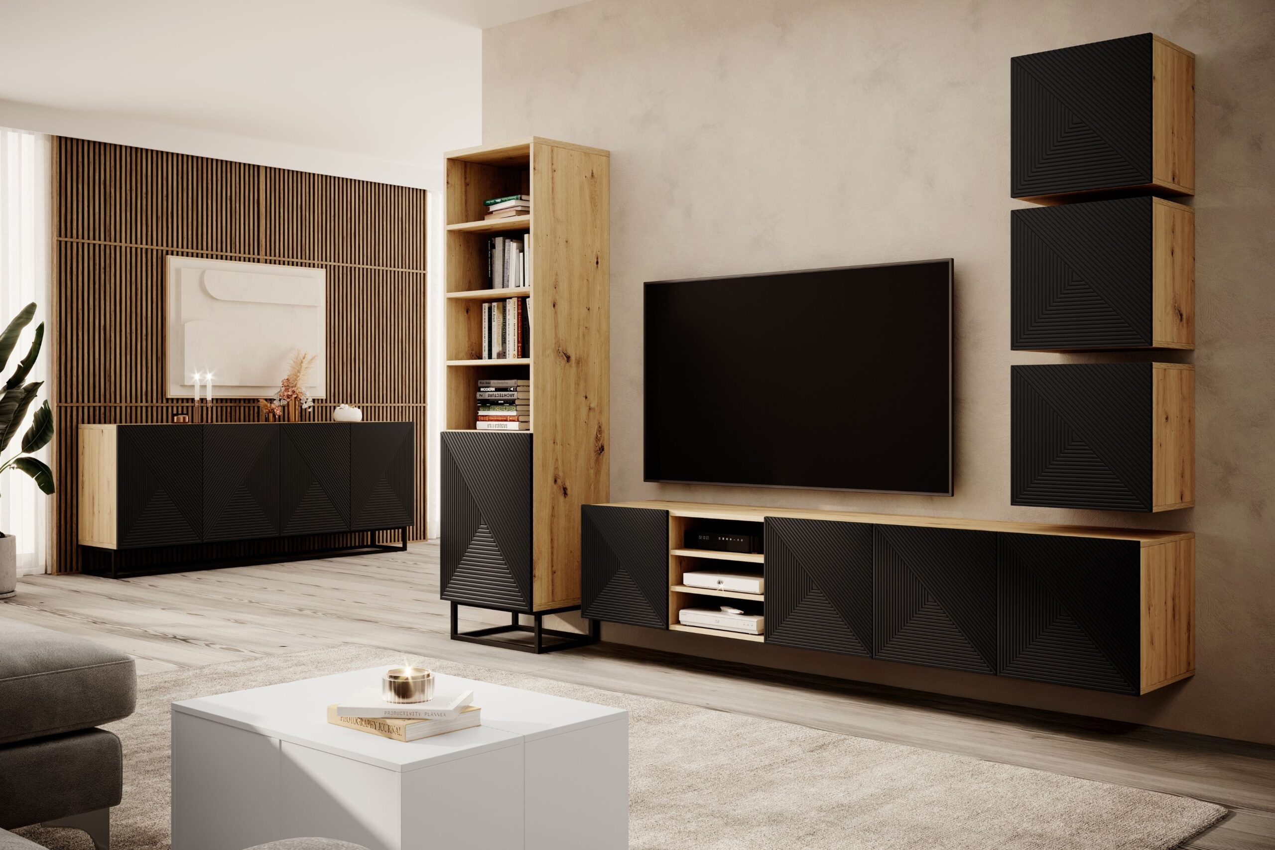 Comodă TV Asha 200 cm cu nișă - artizanal / negru mat - imagine 3